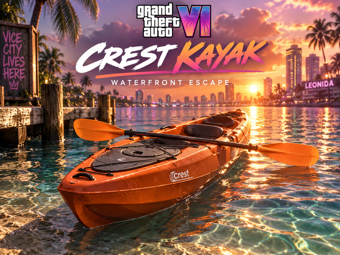 Jason paddles an orange Crest Kayak across sunlit water near docks in GTA 6.